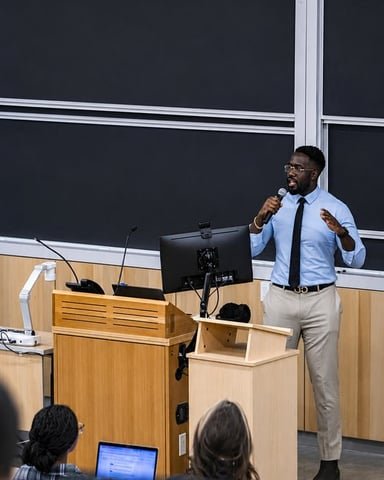 Ezekiel K. Bissah speaking with a microphone in the lecture hall at the Let's Talk Research event